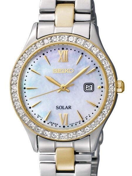 Seiko Two-Tone Women's Solar Dress Watch with Swarovski Crystal Bezel, Mother of Pearl Dial #SUT074