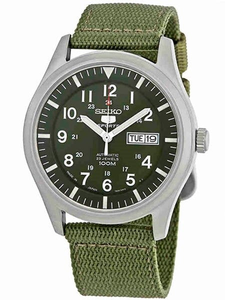 Seiko Military Dark Green Dial Automatic Watch with 42mm Case, Green Canvas Strap #SNZG09J1