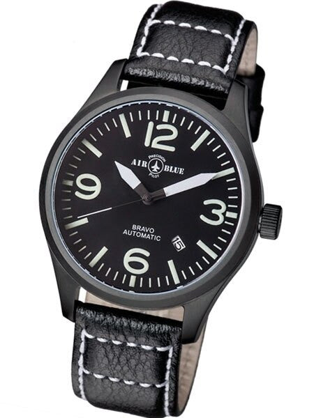 Air Blue Bravo Automatic Pilot Watch with 44mm PVD Case, Sapphire Crystal #BRAVOAUTOPVDBLKWHT