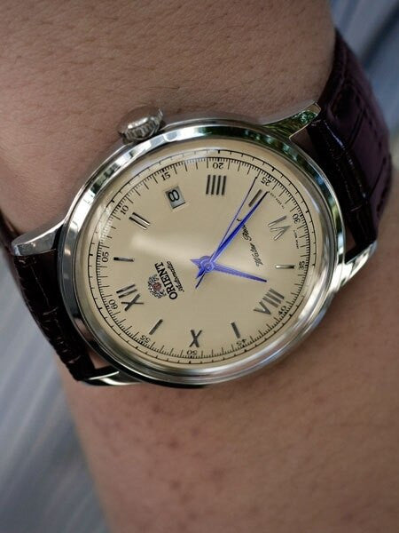 Orient Bambino Automatic Dress Watch with Cream Dial, Vibrant Blue Hands #ER2400CN — Long Island Watch