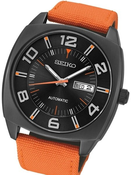 Seiko Recraft Series Automatic Watch with 43.5mm Black PVD Case, Orange Canvas Strap #SNKN39