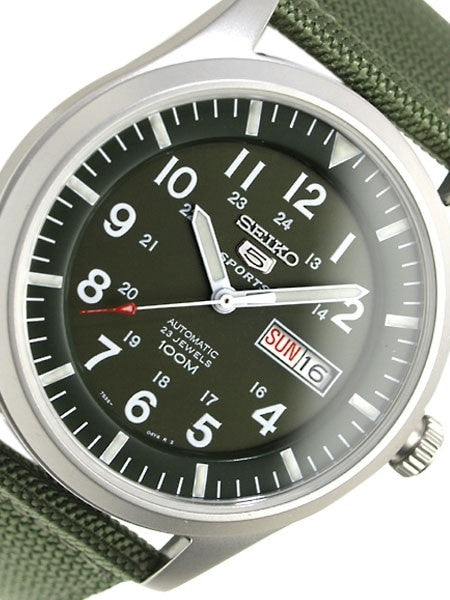 Seiko Military Dark Green Dial Automatic Watch with 42mm Case, Green Canvas Strap #SNZG09K1