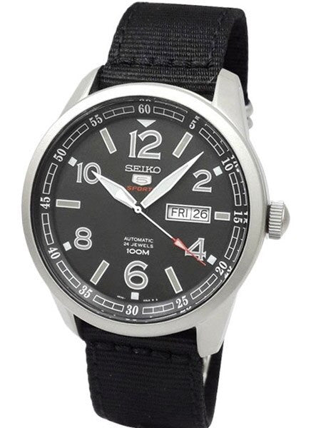 Seiko Sports 5 Black Dial 24-Jewel Automatic Watch with 44mm Case, Canvas Strap #SRP625K1