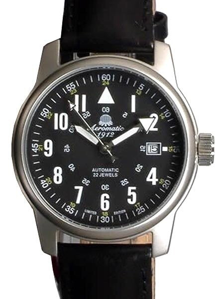 Scratch and Dent - Aeromatic 1912 Automatic Aviator Watch with Black Strap #A1027 Black