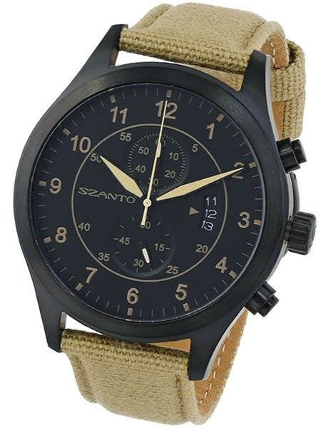 Szanto 46mm Black Ion Plated Vintage Inspired Military Chronograph Watch #1202