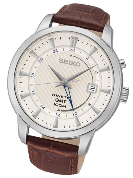 Seiko Core Series Kinetic GMT Dual-Time Watch with 44mm Case and Leather Strap #SUN041