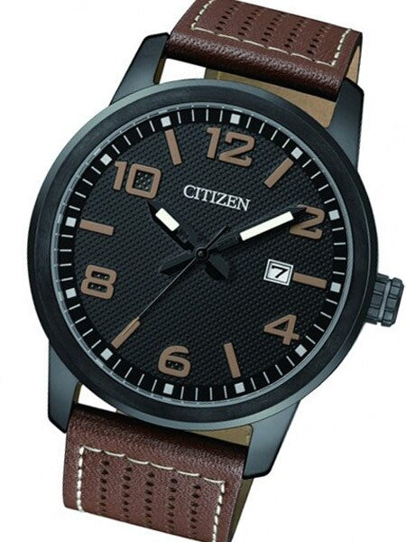 Citizen Quartz Black PVD Sport Watch with Brown Aerated Leather Strap #BI1025-02E