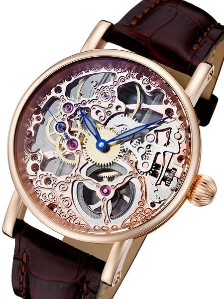 Rougois Hand Wind Decorated Skeleton Movement Watch with Rose Goldtone Case #RS10005