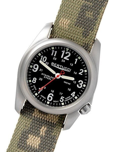 Bertucci A-2S Black Dial, 40mm Stainless Steel Watch with Camouflage Nylon Strap #11053