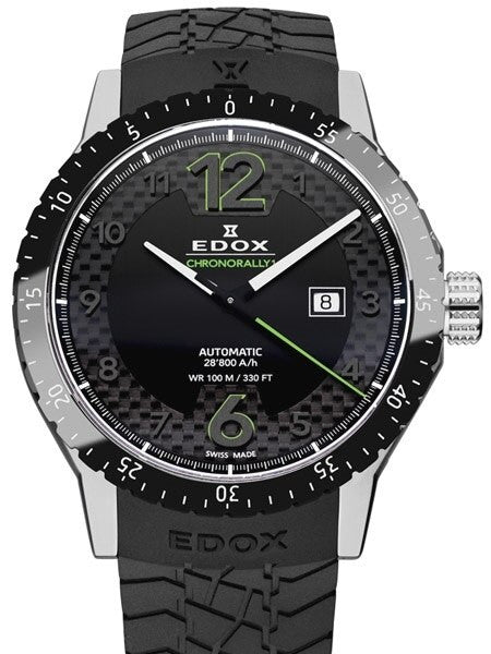 Edox Chronorally Swiss Automatic Sport Watch with Carbon Fiber Ringed Black Dial #80094-3N-NV