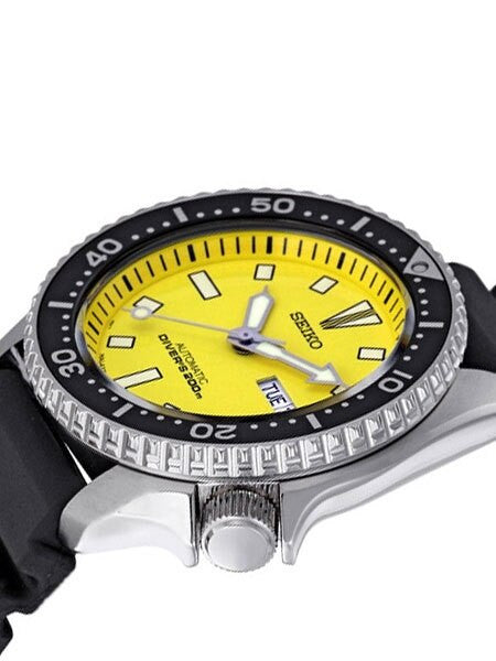 Seiko Yellow Automatic Dive Watch with Offset Crown and Rubber Dive Strap #SKXA35