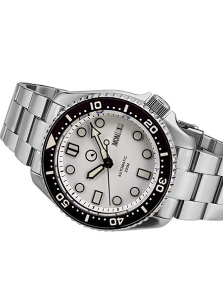 Islander White Dial Automatic Dive Watch with Solid-Link Bracelet, AR Sapphire Crystal, and Luminous Ceramic Bezel Insert #ISL-35