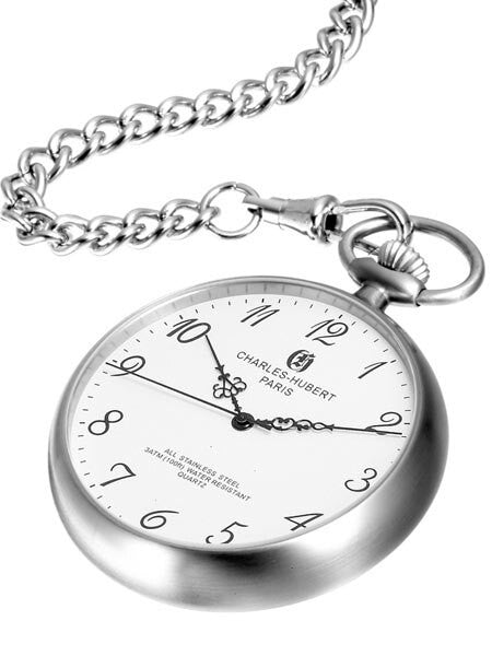 Charles-Hubert Quartz Pocket Watch with White Dial and Silvertone Chain #3534