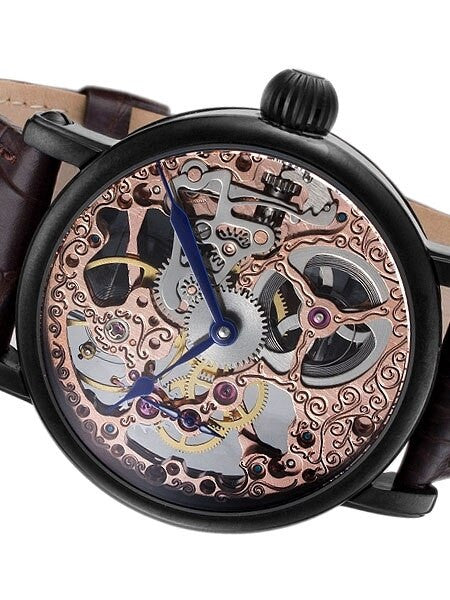 Rougois Rose Gold Plated Hand Wind Decorated Skeleton Movement Watch with Black IP Case #RS10006