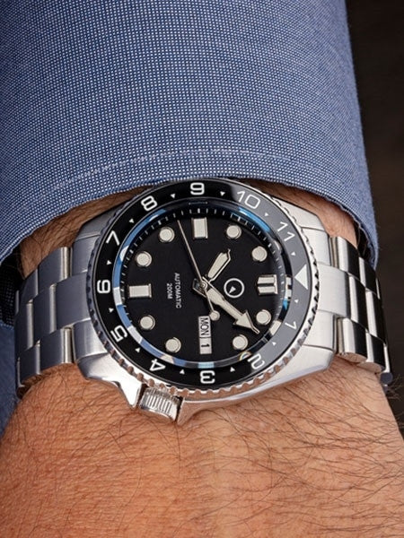 Islander Automatic Dive Watch with Solid-Link Bracelet, AR Sapphire Crystal, Dual-Time Luminous Ceramic Bezel Insert #ISL-01