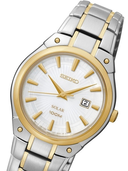 Seiko Two-Tone Women's Solar Dress Watch with White Dial, Goltone Hands and Markers #SUT128