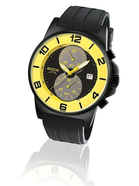 Boccia Yellow-Black Dial Quartz Chronograph with Black 45mm Titanium Case and Rubber Strap #3777-27