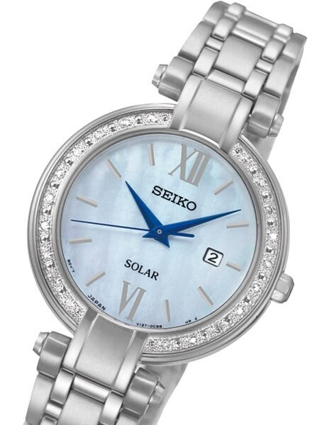 Seiko Tressia Women's Solar Dress Watch with Diamond Bezel, Mother of Pearl Dial #SUT181