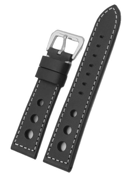 Racing Inspired, Three Hole Black Leather Strap with Contrast Stitching #TBV3H-22730