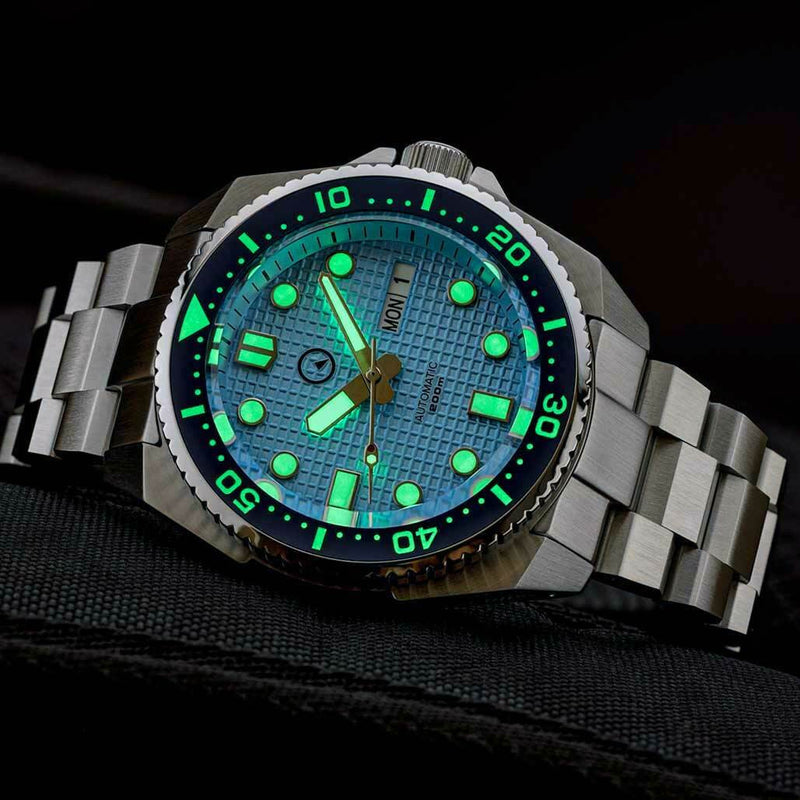 Islander Ice Blue Waffle Dial Automatic Dive Watch with AR DD Sapphire Crystal, and Luminous Ceramic Bezel Insert #ISL-67