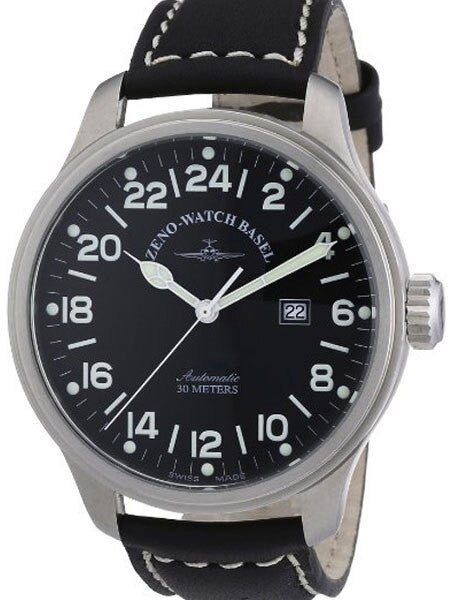 Zeno Mens XL 24-hour Pilot Watch with Black Dial, Black Leather Strap and Swiss Automatic Movement #8563-24-a1
