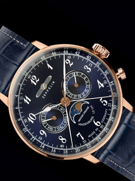 Graf Zeppelin Hindenburg Swiss Quartz Moonphase Calendar Watch #7038-3
