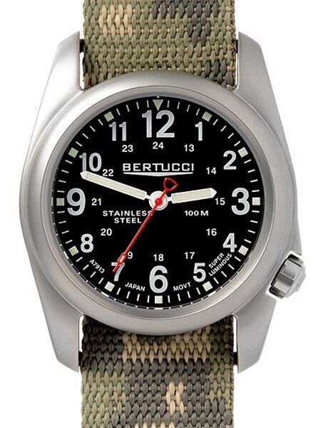 Bertucci A-2S Black Dial, 40mm Stainless Steel Watch with Camouflage Nylon Strap #11053