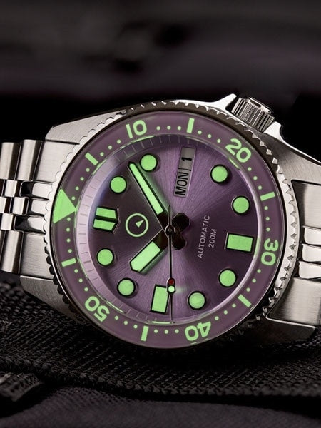 Islander 38mm Automatic Purple Dive Watch with Solid-Link Bracelet, AR Double Dome Sapphire Crystal, and Luminous Sapphire Bezel Insert #ISL-64
