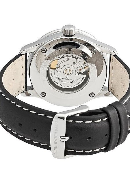 Zeno Mens XL Pilot Watch with Black Dial, Black Leather Strap and Swiss Automatic Movement #P554-a1