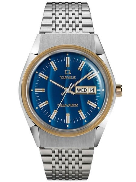 Timex Q 38mm Quartz Reissue Watch with Blue Dial and Stainless