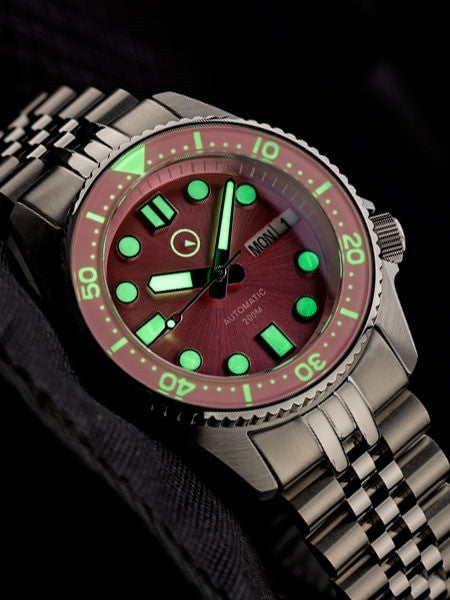 Islander 38mm Automatic Pink Dive Watch with Solid-Link Bracelet, AR Double Dome Sapphire Crystal, and Luminous Sapphire Bezel Insert #ISL-52