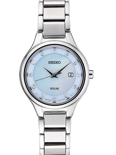 Seiko Women's Solar Dress Watch with 12 Diamond Hour Markers, Mother of Pearl Dial #SUT351
