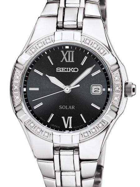Seiko Women's Solar Dress Watch with 18 Diamond's on the Bezel, Black Dial #SUT067