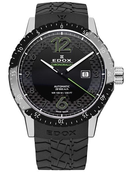 Edox Chronorally Swiss Automatic Sport Watch with Carbon Fiber Ringed Black Dial #80094-3N-NV
