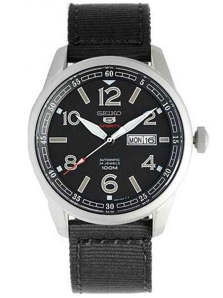 Seiko Sports 5 Black Dial 24-Jewel Automatic Watch with 44mm Case, Canvas Strap #SRP625K1