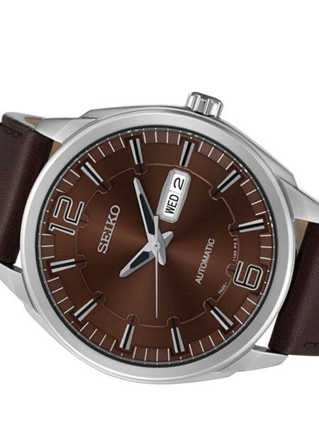 Seiko Automatic Watch with Brown Dial, 45mm Stainless Steel Case, Brown Leather Strap #SNKN49