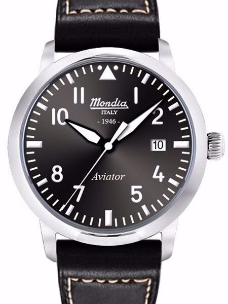 Mondia 1946 Aviator Dial Watch with Black Leather Strap #MI-780-SS-03BK-CP