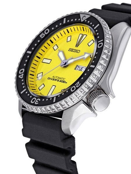 Seiko Yellow Automatic Dive Watch with Offset Crown and Rubber Dive Strap #SKXA35