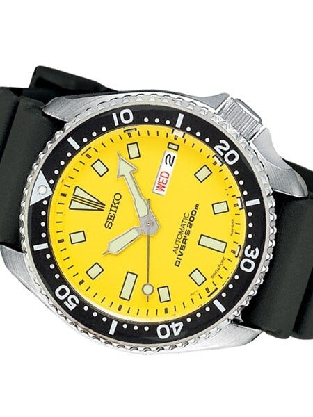 Seiko Yellow Automatic Dive Watch with Offset Crown and Rubber Dive Strap #SKXA35