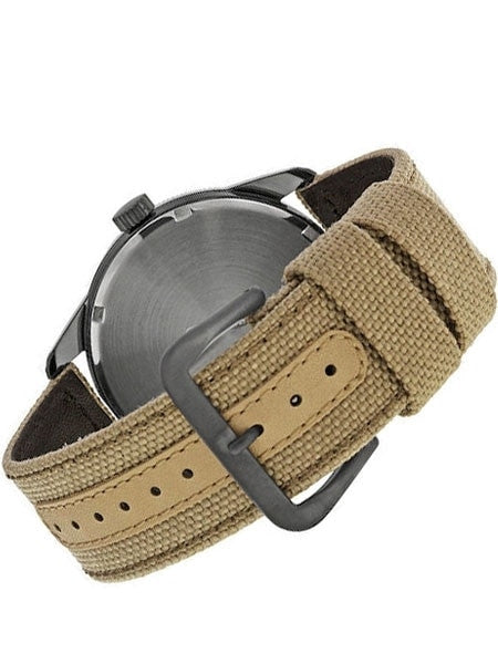 Seiko Aviator Black Dial Solar Watch with 43mm Black Ion Case, Tan Canvas Strap #SNE331