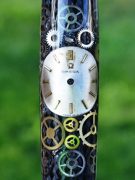 Artisan Crafted Collectable Pen made with an Omega dial and assorted gears, cogs, screws and bridges #WPP201BP