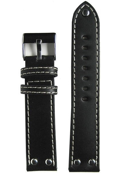 Aviator Style Black Leather Strap with Rivets and Contrast Stitching #EBV-ST-22730
