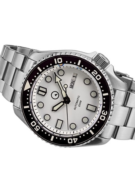 Islander White Dial Automatic Dive Watch with Solid-Link Bracelet, AR Sapphire Crystal, and Luminous Ceramic Bezel Insert #ISL-35