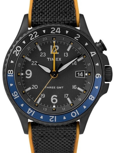 Timex 43mm Allied Three GMT Quartz Watch with Black Dial and INDIGLO Night-Light #TW2R70600VQ