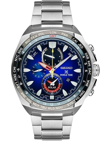 Seiko Solar Powered Chronograph Watch with World Time and Daily