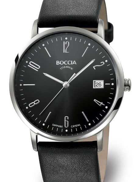 Boccia Mens Quartz Dress Watch with 40mm Titanium Case, Sapphire Crystal and Leather Strap #3557-02