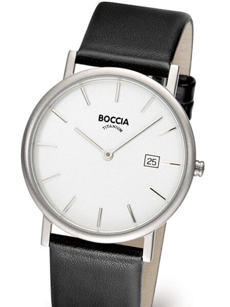 Boccia Thin Mens Silver Quartz Watch with 37mm Titanium Case and Leather Strap #3547-02