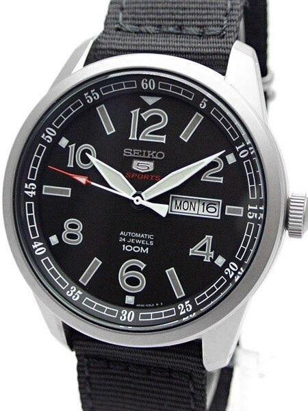 Seiko Sports 5 Black Dial 24-Jewel Automatic Watch with 44mm Case, Canvas Strap #SRP625K1