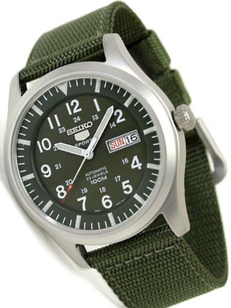 Scratch and Dent - Seiko Military Dark Green Dial Automatic Watch with 42mm Case, Green Canvas Strap #SNZG09K1 2