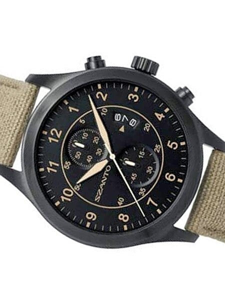 Szanto 46mm Black Ion Plated Vintage Inspired Military Chronograph Watch #1202
